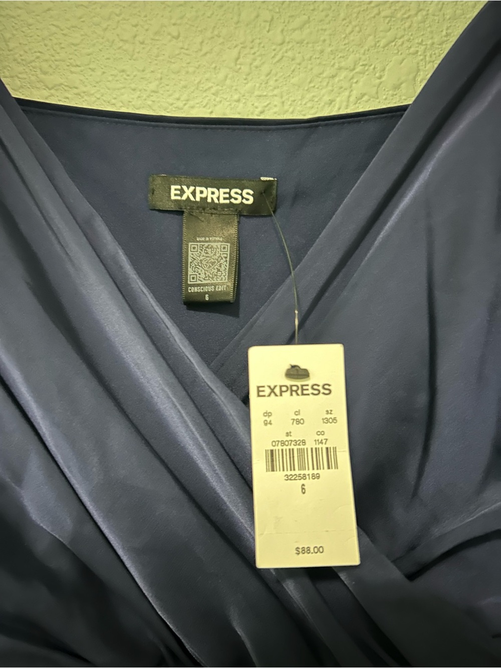 Express Navy Satin Ruched Mini Dress with Ruffle Hem- NWT! - Picture 2 of 7